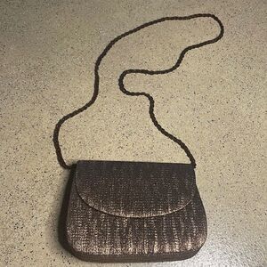 La Regale 90s Copper Metallic Fabric Crossbody Evening Bag Beaded Strap
